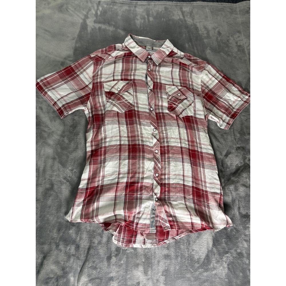 BKE Mens Plaid Western Snap Shirt XLarge XL Red White Pearl Snaps Athletic Fit